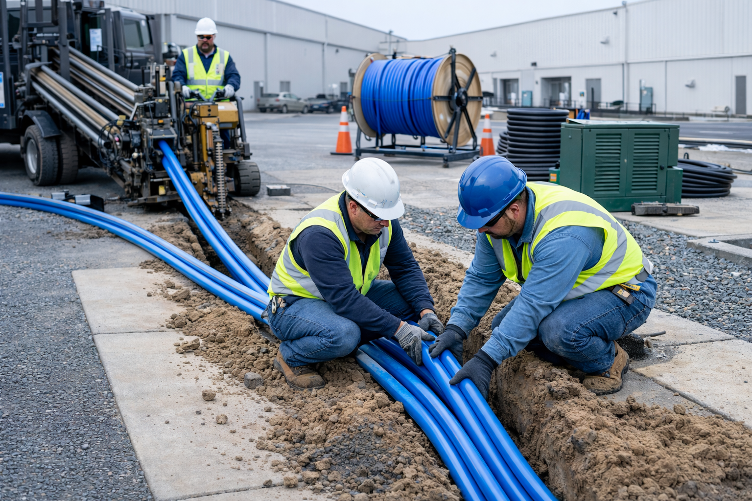 Construction crew installing blue fiber conduit into trench with cable reels and equipment in background