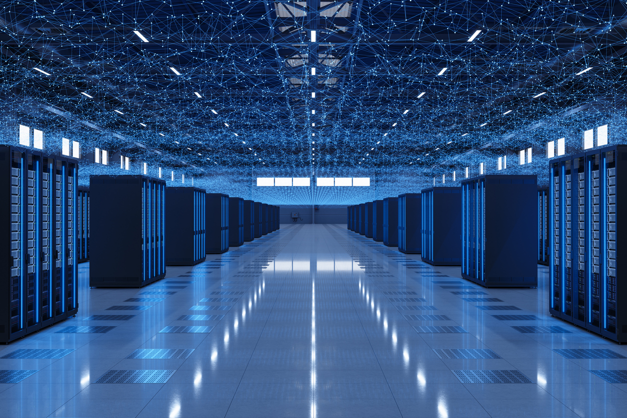 Modern data center aisle with rows of server racks and illuminated digital network mesh ceiling