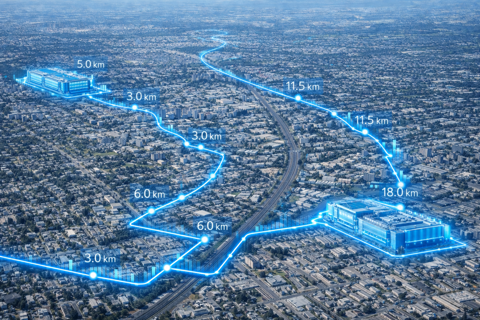 Aerial view of fiber network route design showing distance markers between data center locations