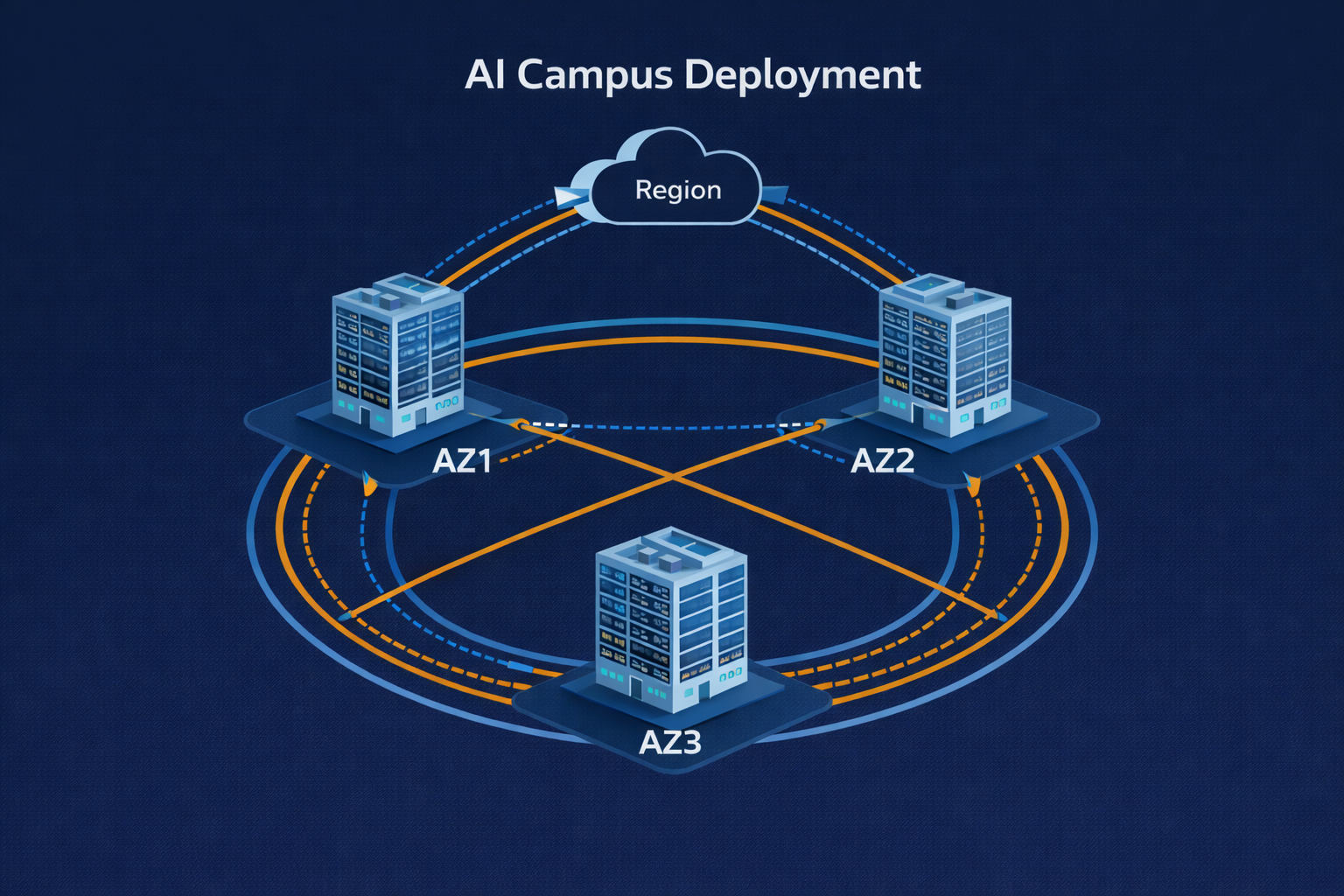 AI Campus Deployment showing three availability zones (AZ1, AZ2, AZ3) connected in a mesh topology with a cloud Region connection