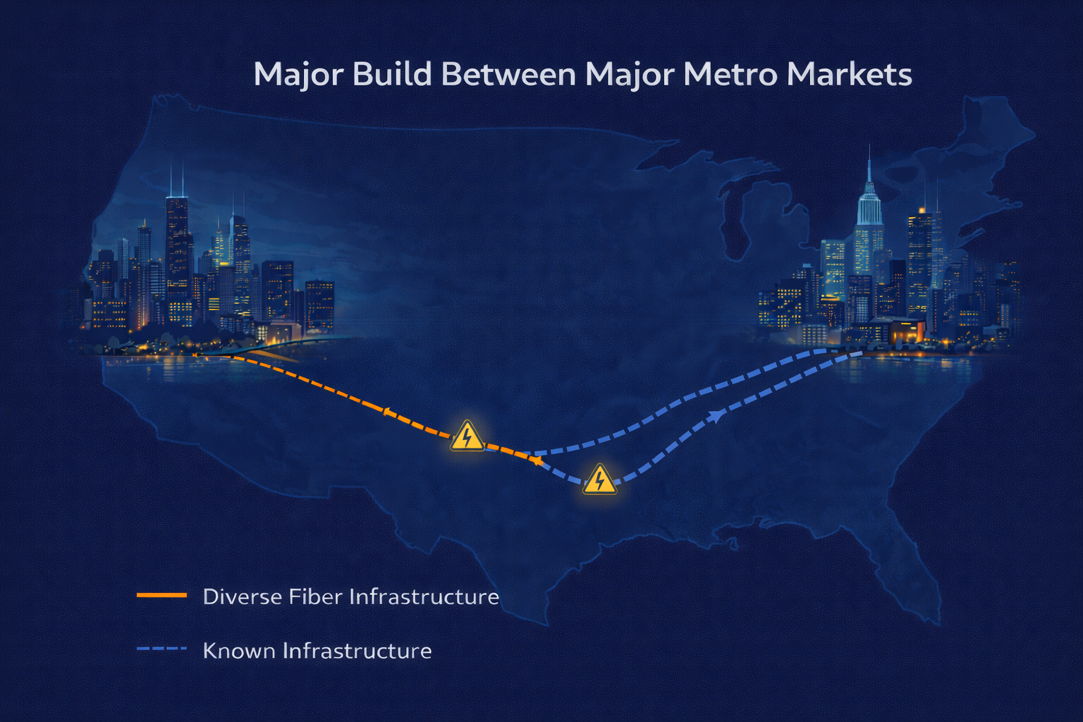 Major build between major metro markets showing diverse fiber infrastructure and known infrastructure routes across the United States