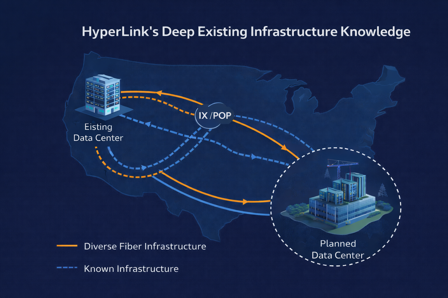 HyperLink's deep existing infrastructure knowledge showing existing data center connected to planned data center via IX/POP with diverse fiber and known infrastructure routes