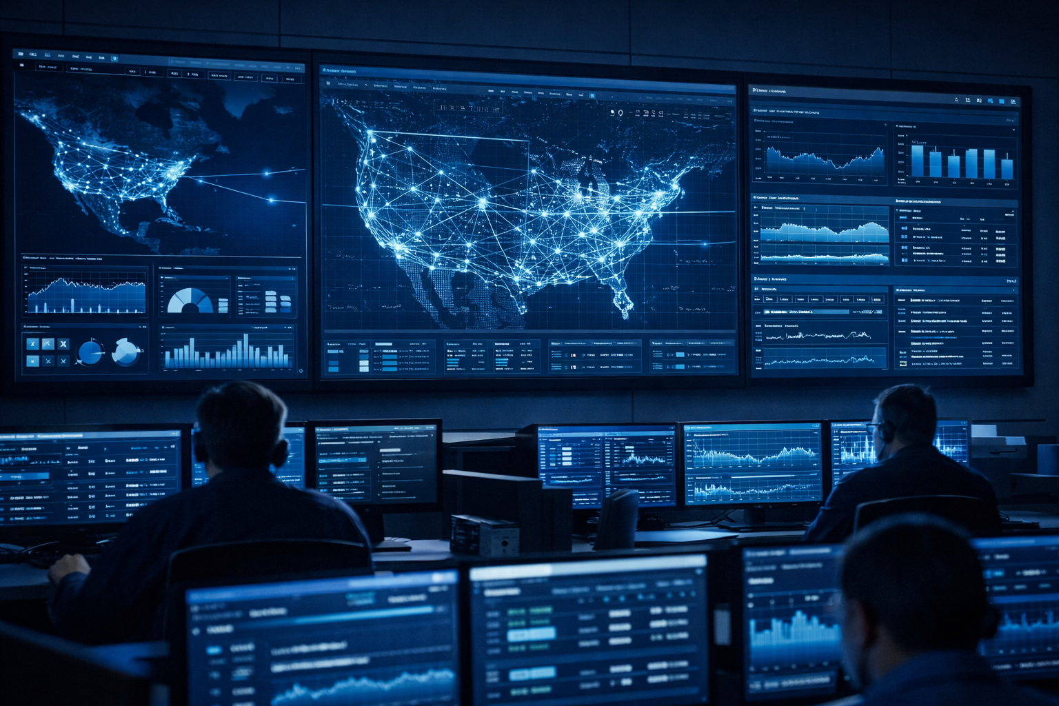 Network operations center with real-time monitoring displays