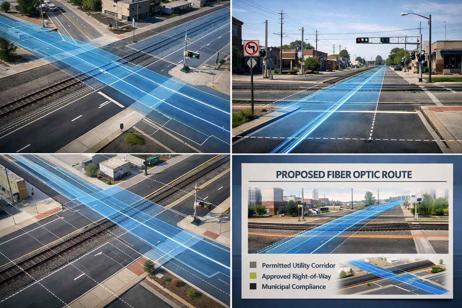 Fiber optic route permitting showing utility corridor compliance and right-of-way approvals