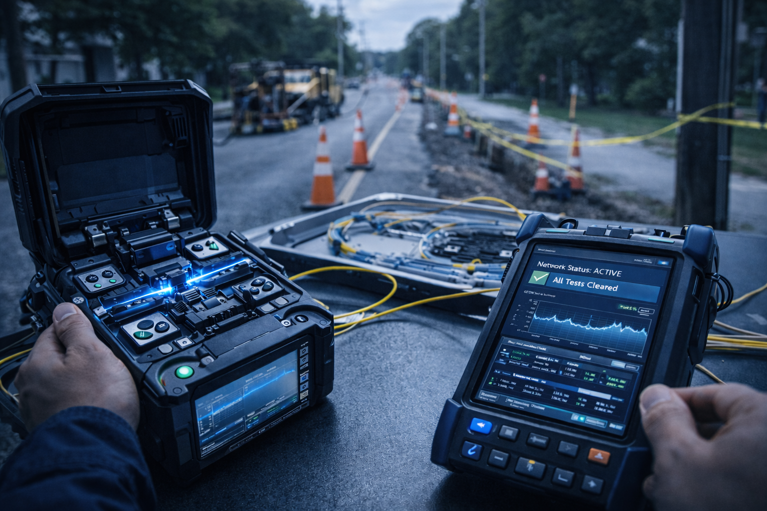 Fiber fusion splicer with blue arc light and OTDR test equipment showing active network status on construction site